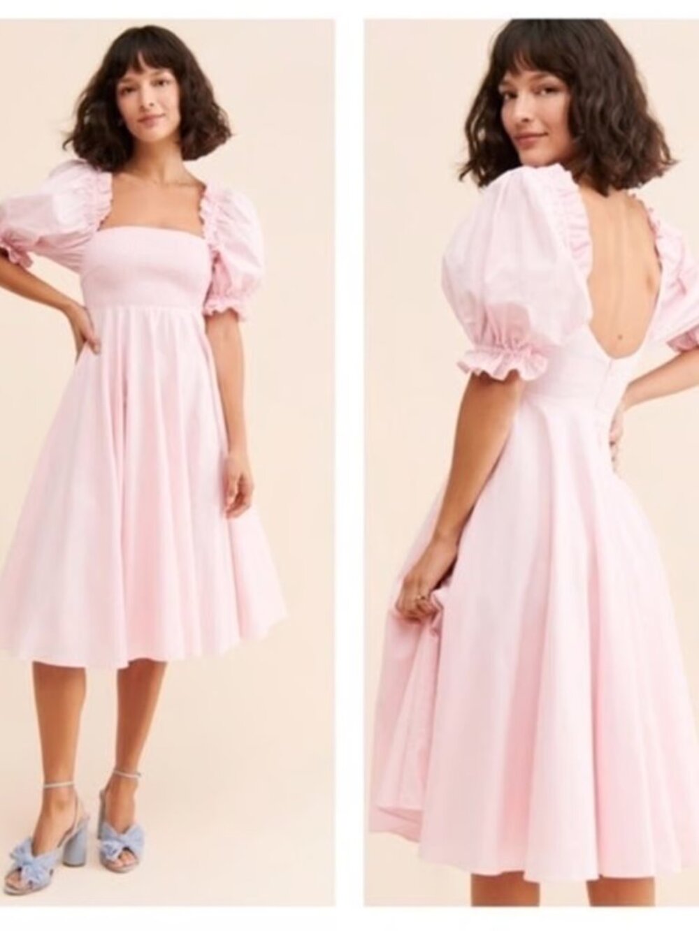 Selkie Maria Cotton Puff Pink Puff-Sleeve Smocked Dress